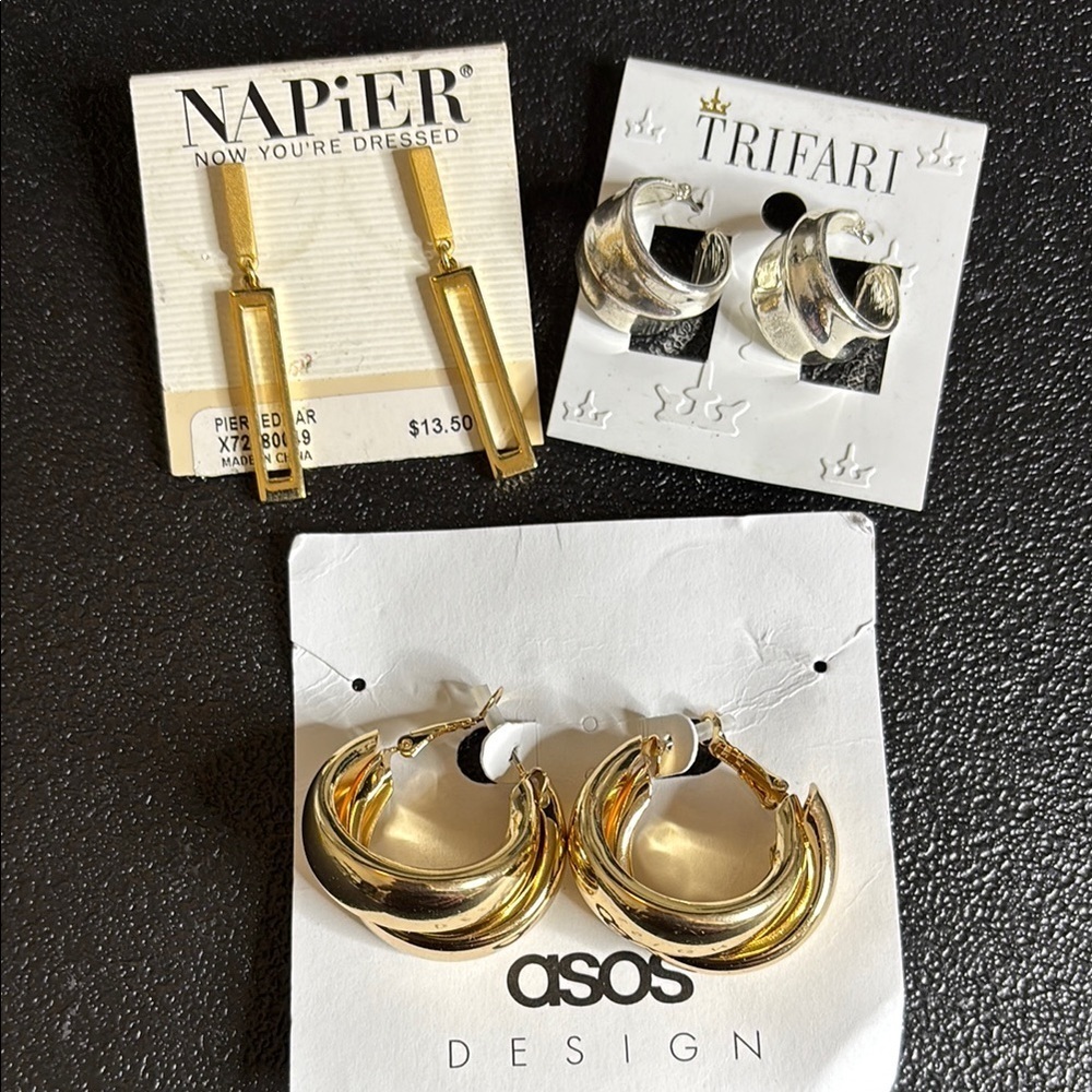 NWT Bundle of 3 Napier Trifari ASOS Pierced Gold Silver Tone Earrings Lot